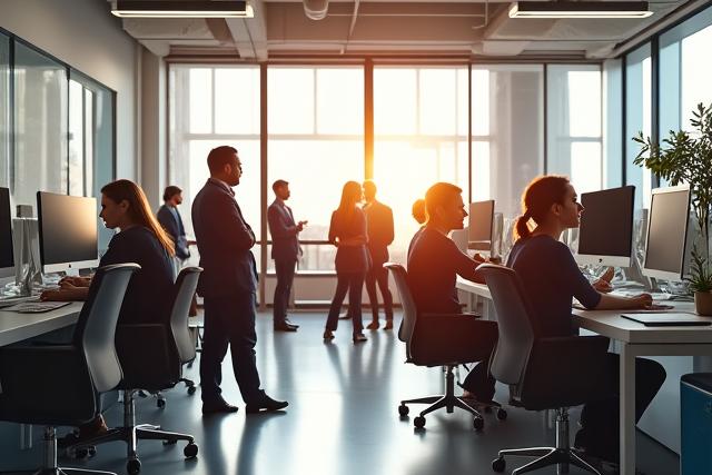 Ufficio moderno e luminoso con il team di Ethos Risparmio al lavoro, simboleggiando collaborazione e innovazione.