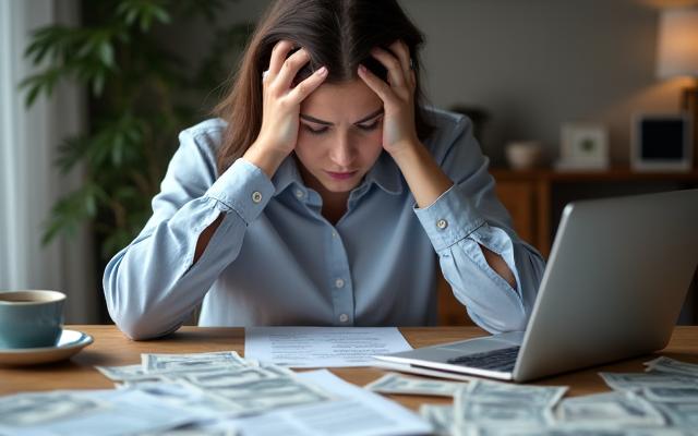 Persona stressata che guarda dei conti, simbolo di errori di budget