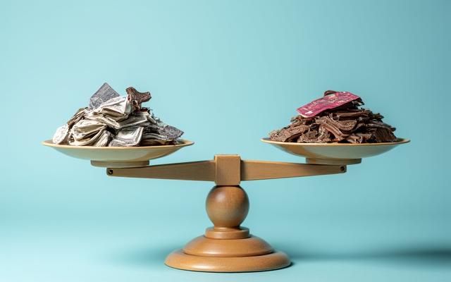 Due bilance con simboli di debito buono e cattivo in equilibrio