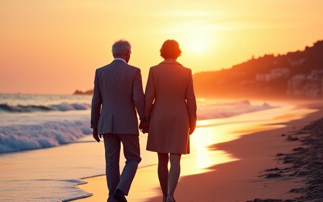 Anziana coppia sorridente che cammina lungo una spiaggia al tramonto, simbolo di pensione serena