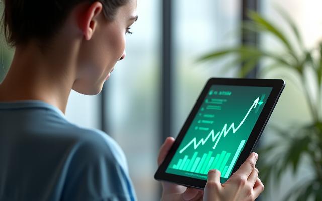 Giovane che guarda un grafico finanziario in crescita su un tablet