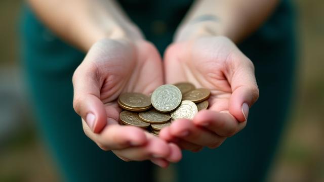 Mani che tengono monete con simbolo di debito sullo sfondo