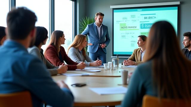 Gruppo di persone in un workshop finanziario, con un relatore
