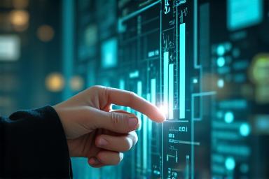 Grafici finanziari su schermo con mano che indica i dati