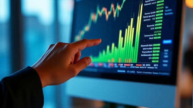 Grafici finanziari su schermo con mano che indica i dati